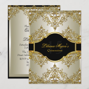 Gold Pearl Vintage Glamour Quinceanera Invite 2