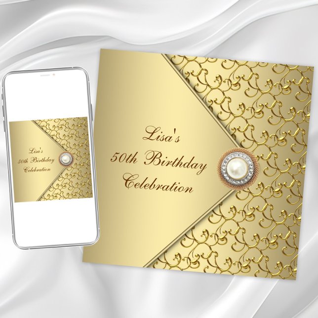 Gold Pearl Womans 50th Birthday Party Invitation (Elegant gold birthday and any event invitation. Instant download and printed invitations available.)