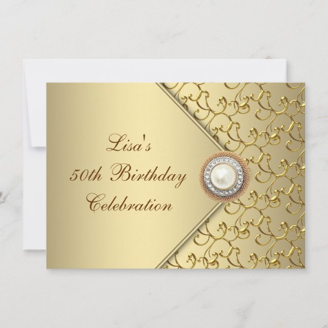 Gold Pearl Womans 50th Birthday Party Invitation (Front)