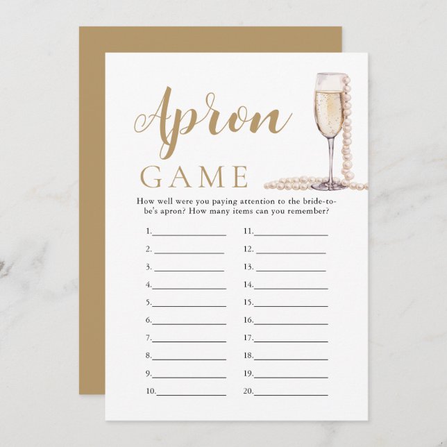 Gold Pearls and Prosecco Bridal Shower Apron Game Invitation (Front/Back)