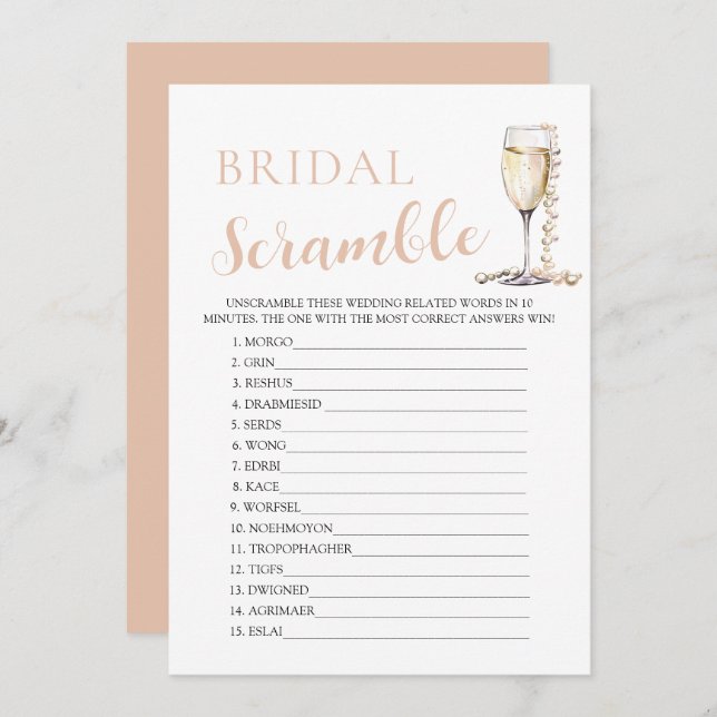 Gold Pearls and Prosecco Bridal Word Scramble Game Invitation (Front/Back)