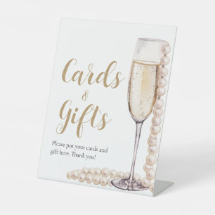 Gold Pearls and Prosecco Champagne Cards And Gifts Pedestal Sign