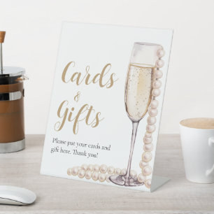 Gold Pearls and Prosecco Champagne Cards And Gifts Pedestal Sign
