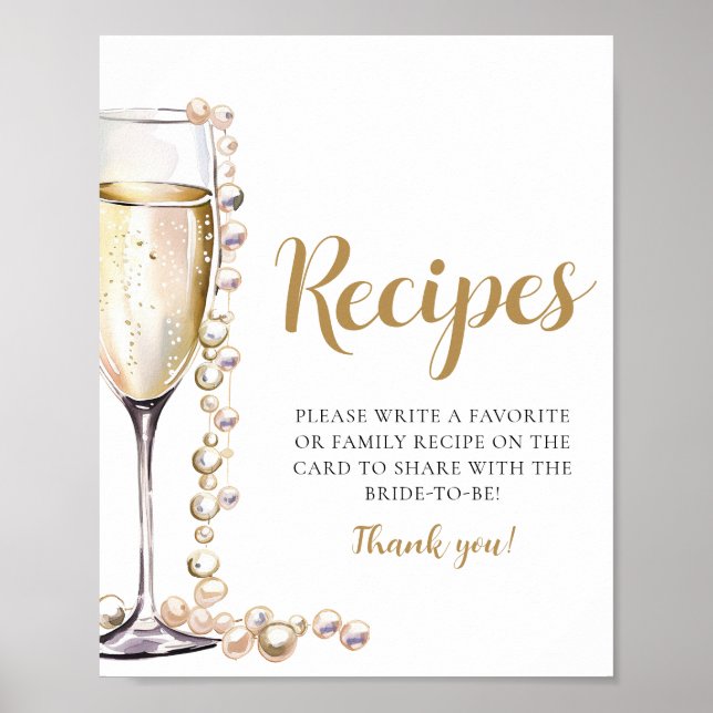 Gold Pearls and Prosecco Champagne Recipes Sign (Front)