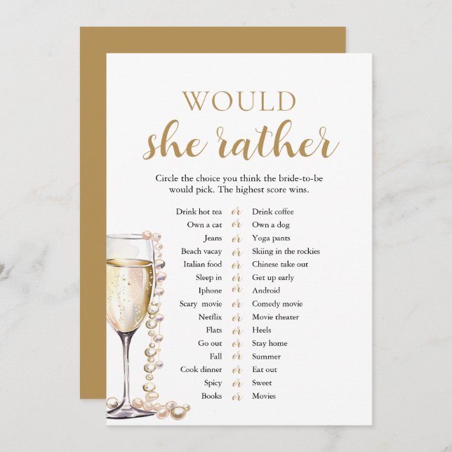 Gold Pearls and Prosecco Would She Rather Game Invitation (Front/Back)