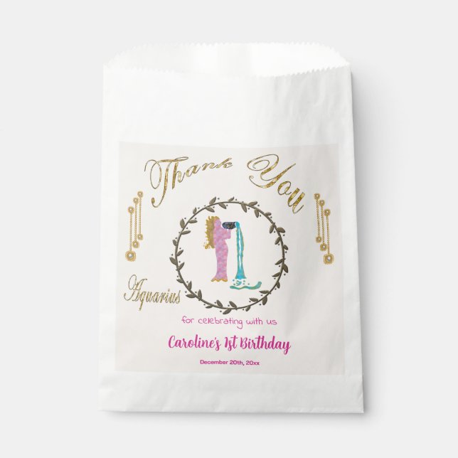 Gold & Pearls Aquarius 1st Birthday Thank You Favour Bags (Front)