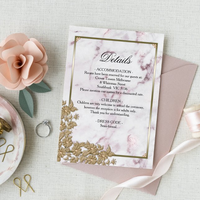 Gold Pearls Elegant Pink Marble Wedding Details Enclosure Card (Creator Uploaded)