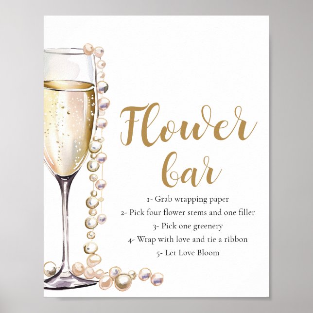 Gold Pearls & Prosecco Champagne Flower Bar Sign (Front)