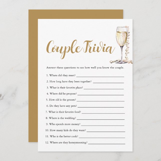 Gold Pearls & Prosecco Couple Trivia Bridal Game  Invitation (Front/Back)