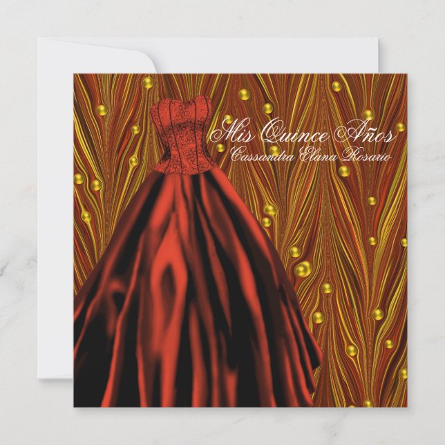Gold Pearls Red Dress Red Gold Quinceanera Invitation (Front)
