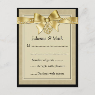 Gold Pearls Ribbon on Black RSVP Card