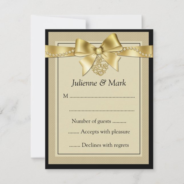 Gold Pearls Ribbon on Black RSVP Card (Front)
