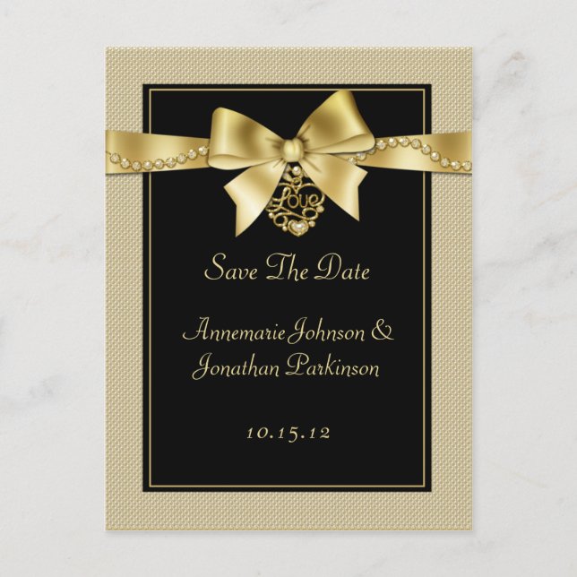Gold Pearls Ribbon on Black Save The Date Announcement Postcard (Front)