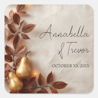 Gold Pears & Olive Leaves Autumn Custom Name Square Sticker