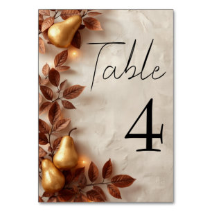 Gold Pears & Olive Leaves Autumn Wedding Table Number