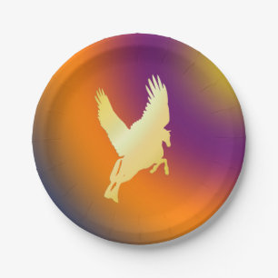 Gold Pegasus Flying Into Sunrise Paper Plate