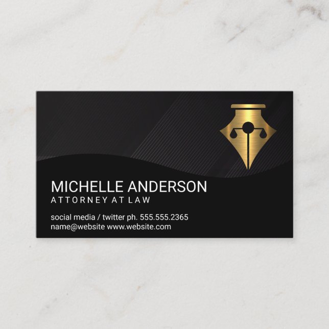 Gold Pen | Justice Scale Logo | Black Line Pattern Business Card (Front)