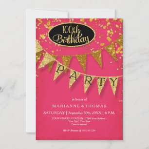 Gold Pennant Any Year Pink Birthday Confetti Invitation