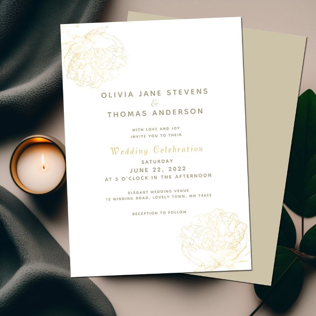 Gold Peonies Elegant Modern Classic Floral Wedding Invitation (Creator Uploaded)