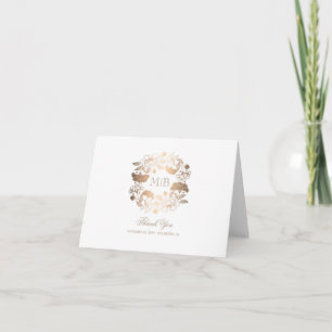 Gold Peonies Wreath White Wedding Thank You Card