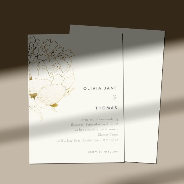 Gold Peony Elegant Floral Sketch BW Wedding Invitation (Creator Uploaded)
