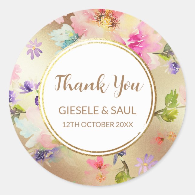 Gold Peony Floral Classic Round Sticker (Front)