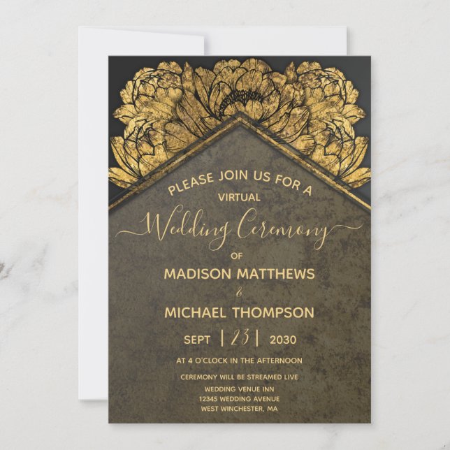 Gold Peony Virtual Wedding Livestream Wedding Invi Invitation (Front)