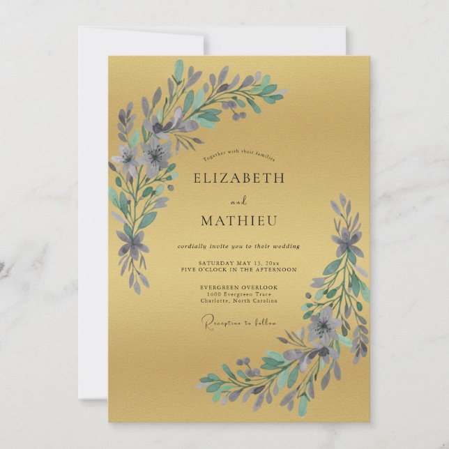 Gold Periwinkle Leafy Wedding Invitation (Front)