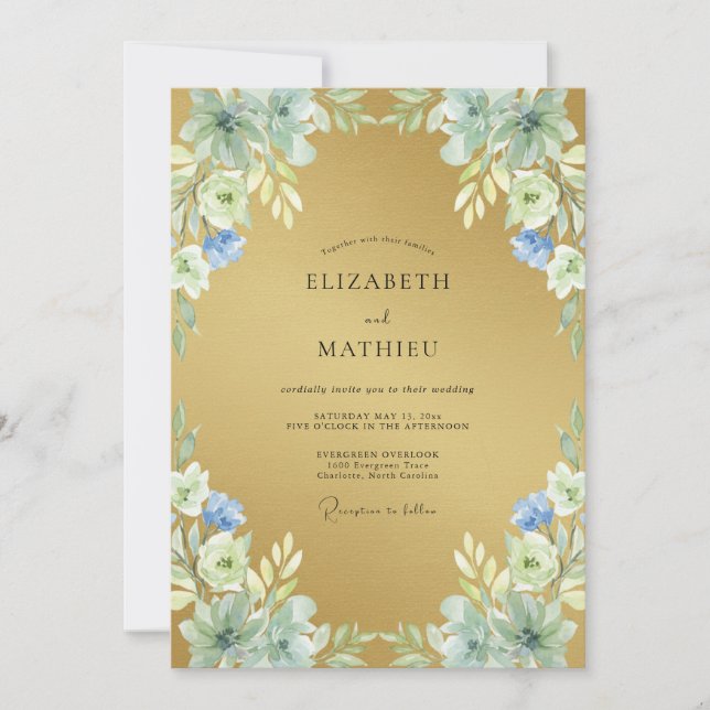 Gold Periwinkle Peony Wedding Invitation (Front)