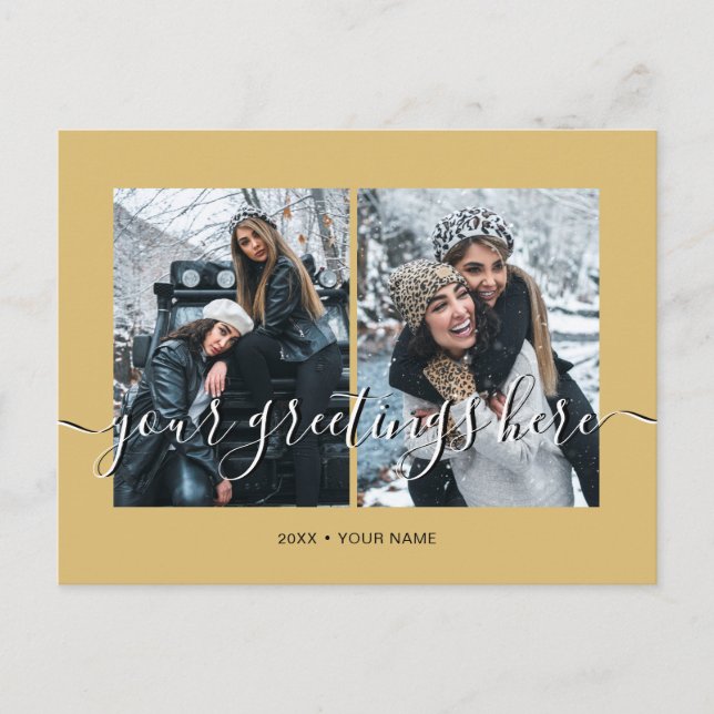 Gold Personalised 2 photos Universal Greetings Postcard (Front)
