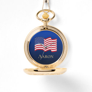 Gold Personalised American Flag Pocket Watch 