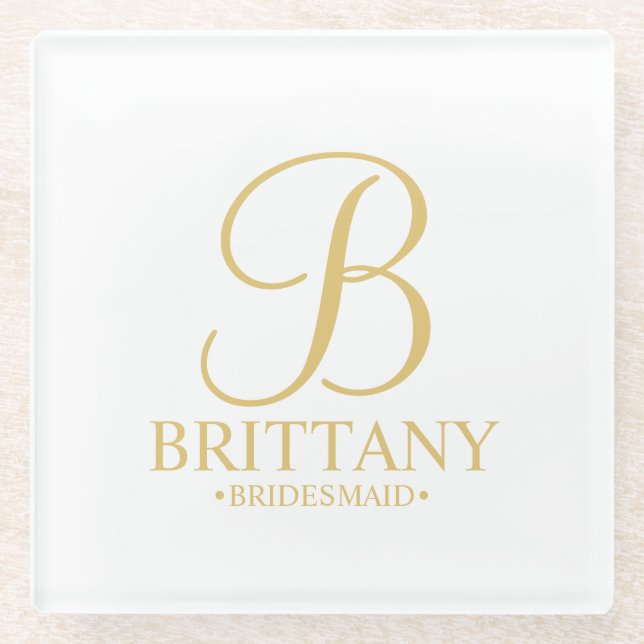 Gold Personalised Monogram and Name Bridesmaid Glass Coaster (Front)