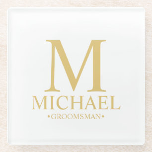 Gold Personalised Monogram and Name Groomsman Glass Coaster