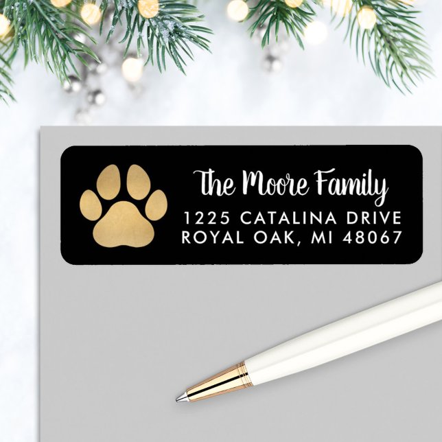 Gold Pet Paw Print | Soft Black Return Address (Creator Uploaded)