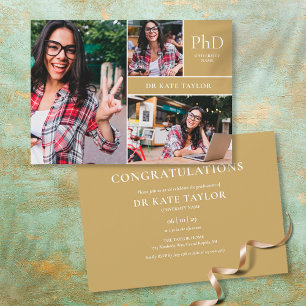 Gold PhD Degree 3 Photo Graduation Party Invitation