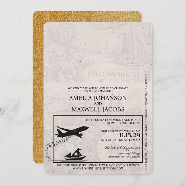 Gold Philippines Passport Wedding Invitation (Front/Back)