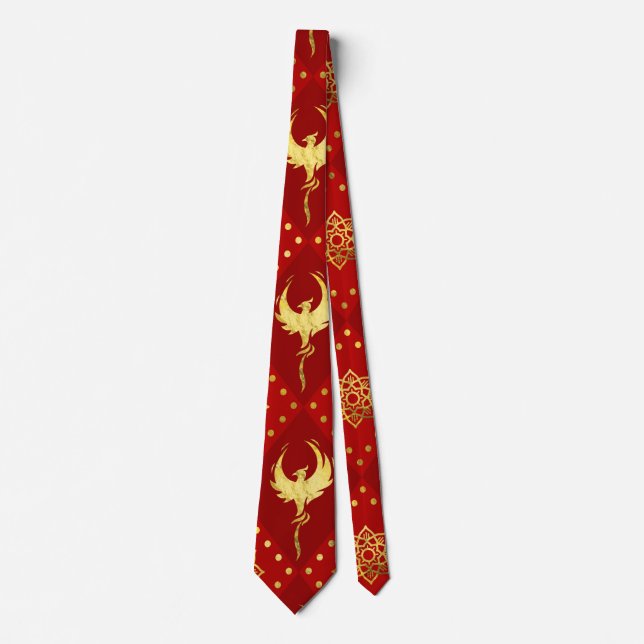 Gold Phoenix and lotus symbol pattern on red Tie (Front)