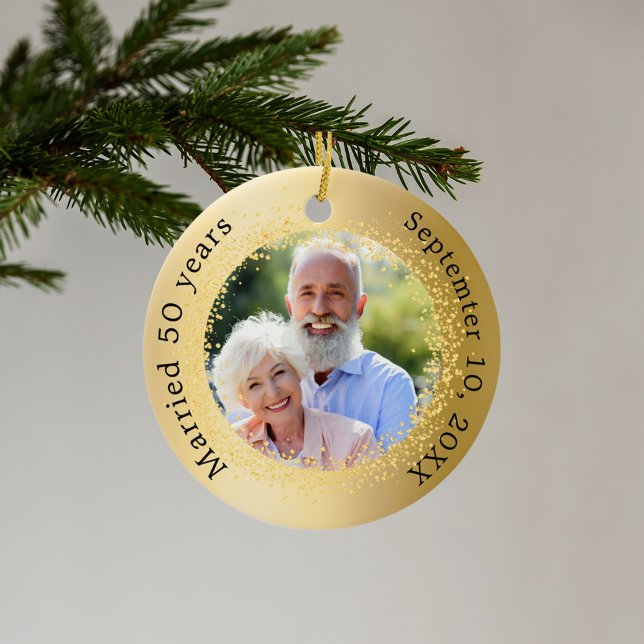 Gold photo 50th wedding anniversary ceramic tree decoration (Creator Uploaded)