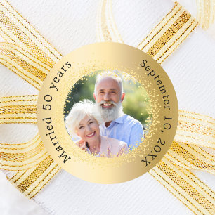 Gold photo 50th wedding anniversary classic round sticker