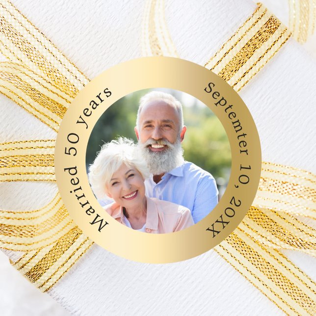 Gold photo 50th wedding anniversary classic round sticker (Creator Uploaded)