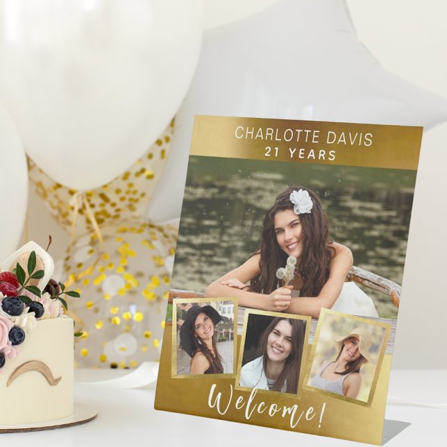 Gold photo collage birthday party welcome pedestal sign (Creator Uploaded)