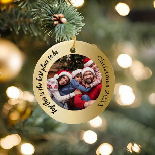 Gold photo family together quote Christmas Ceramic Tree Decoration