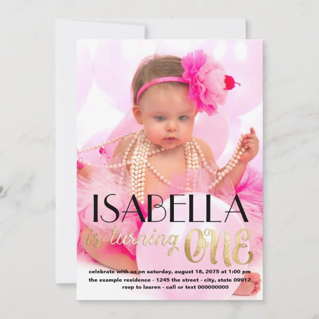 Gold Photo First Birthday Invitation (Front)