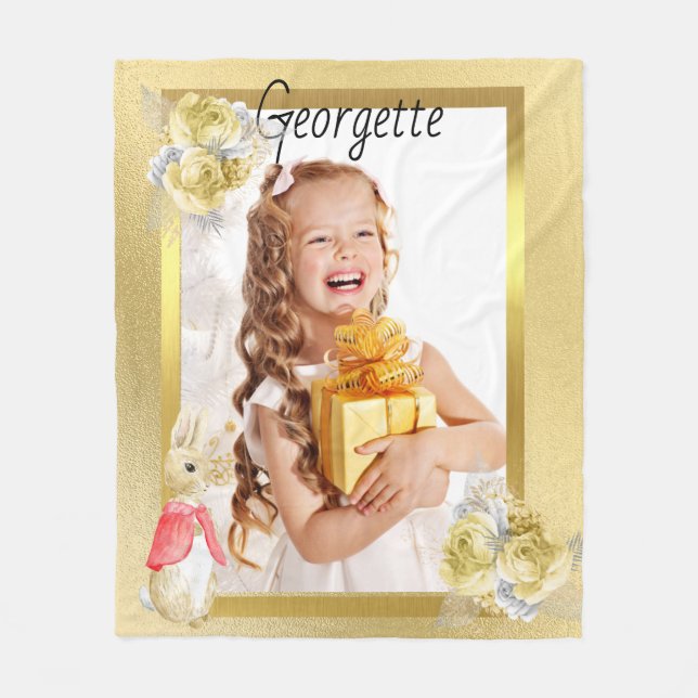 Gold Photo Fleece Blanket for Girl with Rabbit (Front)