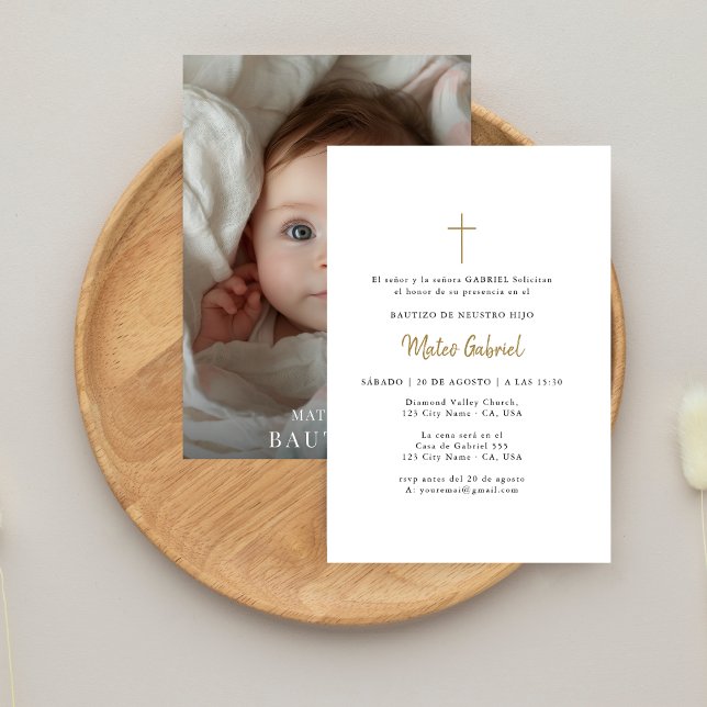 Gold Photo Mexican Baptism Invitation in Spanish (Creator Uploaded)