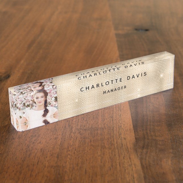 Gold photo monogram modern employee nameplate (Side)