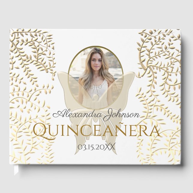 Gold Photo Quinceanera Birthday Guest Book (Front)