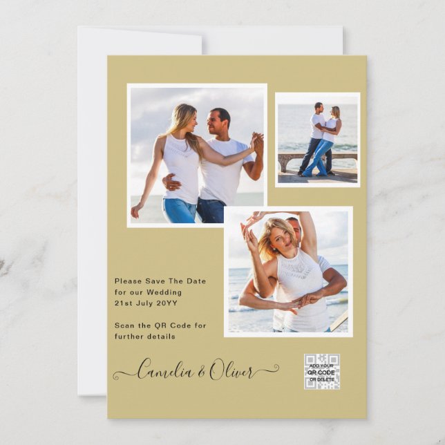 Gold Photo Wedding Invites QR Code Save Dates (Front)