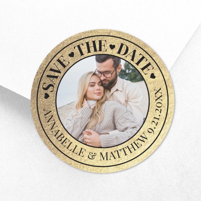 Gold Photo Wedding Save The Date Classic Round Sticker (Photo Wedding Gold Save The Date Classic Round Sticker)