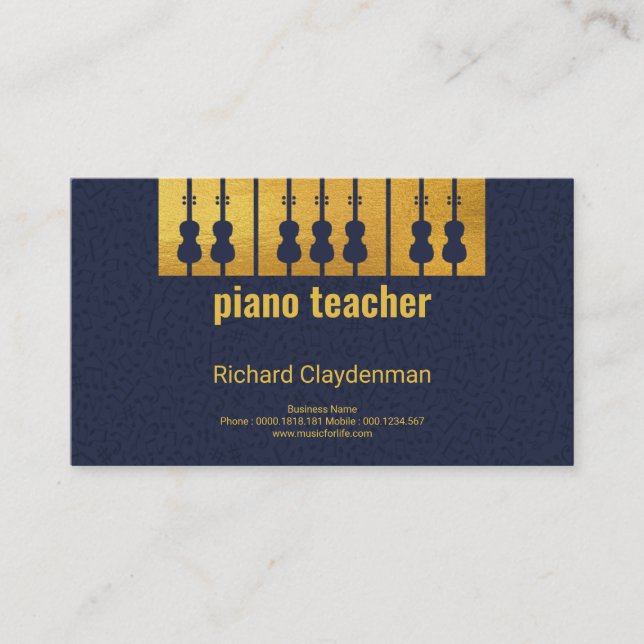 Gold Piano Keys Violin Black Key Silhouette Music Business Card (Front)